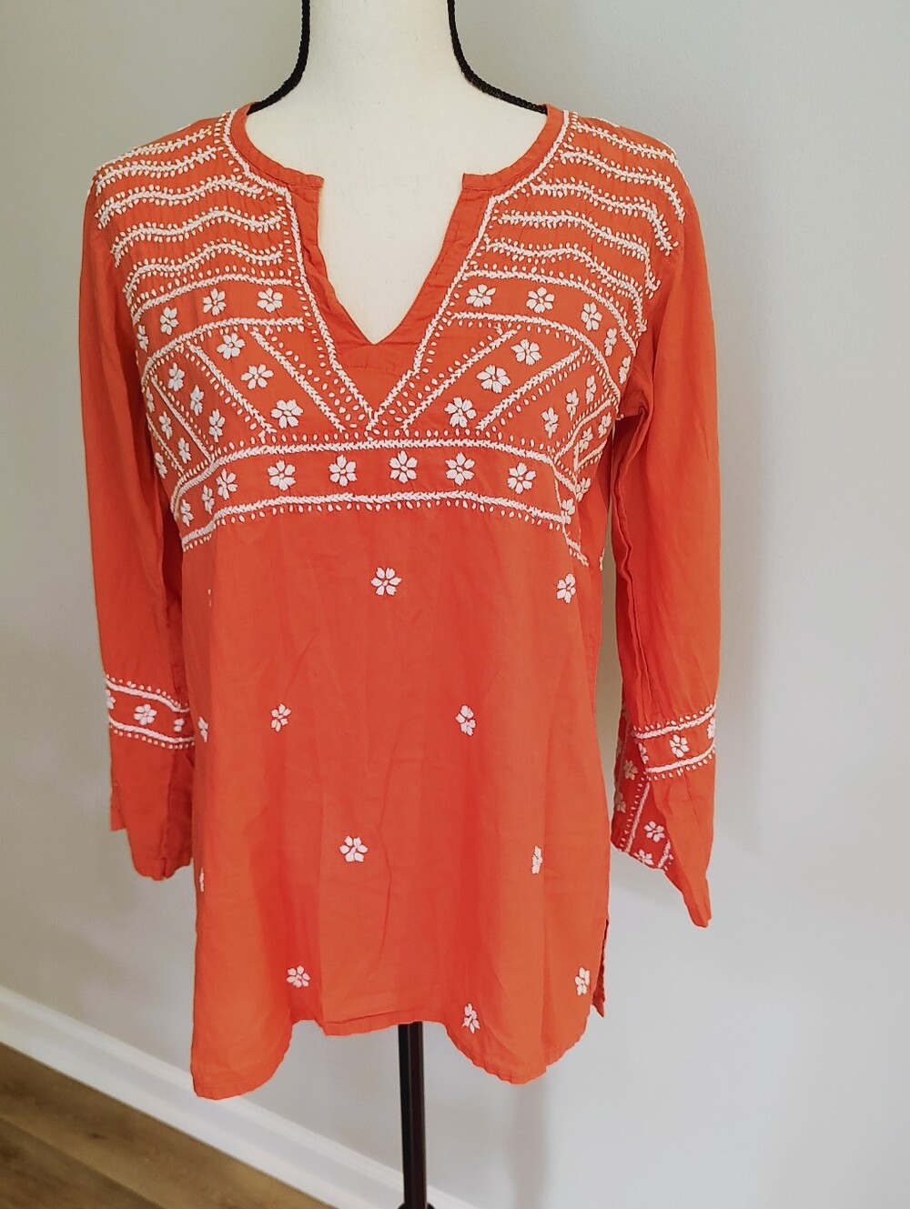 Madison Mathews Orange And White Embroidered Top Boho M